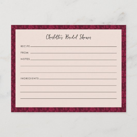 ブルゴーニュヴィンテージフローラブライダルシャワーレシピカード ポストカード (正面)