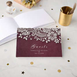 ブルゴーニュヴィンテージレース結婚ラスティックゲストブック ゲストブック