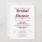 ブルゴーニュヴィンテージ元素タイポグラフィブライダルシャワー 招待状 (正面)