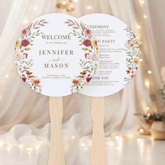 ブルゴーニュ乾燥花リース秋の結婚式プログラム ハンドファン