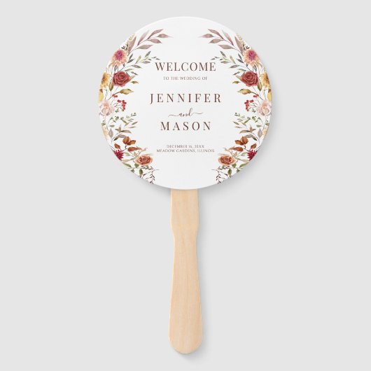 ブルゴーニュ乾燥花リース秋の結婚式プログラム ハンドファン (正面)