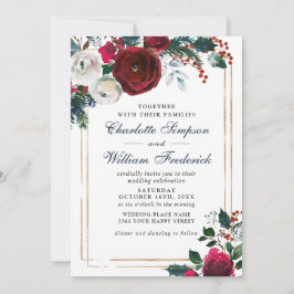 ブルゴーニュ冬のバラ葉の水の色結婚の 招待状