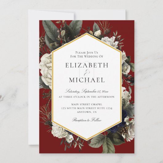 ブルゴーニュ冬の絵を描花束結婚の花 招待状 (正面)