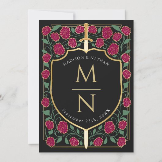 ブルゴーニュ剣シールドファンタジーモノグラム結婚ズ 招待状 (裏面)