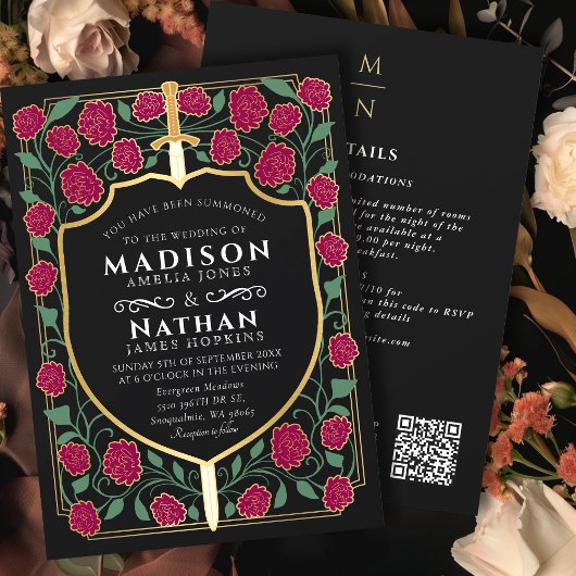 ブルゴーニュ剣シールドファンタジーQRコード結婚ズ 招待状