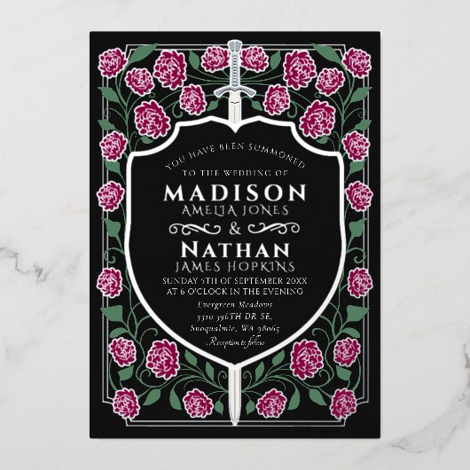 ブルゴーニュ剣シールドモノグラム結婚ファンタジー 箔招待状 (正面)