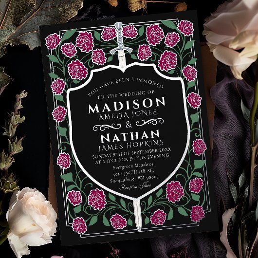 ブルゴーニュ剣シールドモノグラム結婚ファンタジー 箔招待状