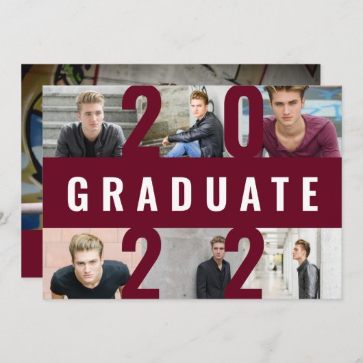 ブルゴーニュ卒業写真モダンコラージュはっきりした 案内状 (正面/裏面)