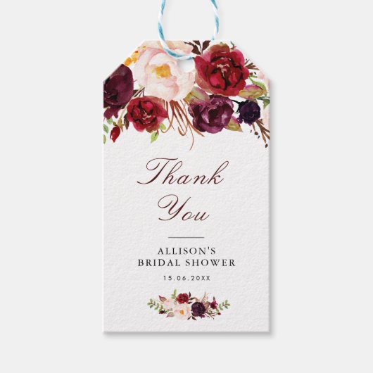 ブルゴーニュ及び赤面水彩フローラブライダルシャワー ギフトタグ (正面)