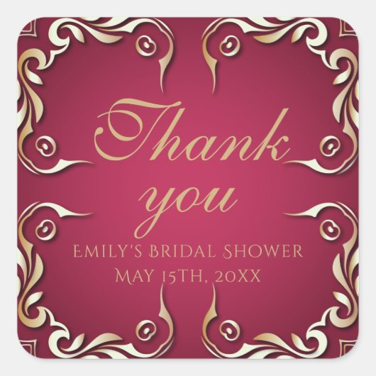 ブルゴーニュ及び金ゴールドエレガントヴィンテージブライダルシャワー スクエアシール (正面)