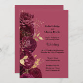 ブルゴーニュ及び金ゴールドフローラ結婚式招待状 招待状 (正面/裏面)