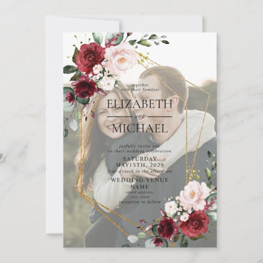 ブルゴーニュ幾何学的フローラヴェルムオーバーレイ写真 招待状 (正面)