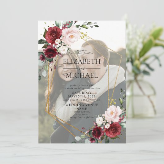 ブルゴーニュ幾何学的フローラヴェルムオーバーレイ写真 招待状 (スタンド正面)