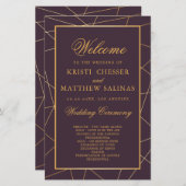 ブルゴーニュ幾何学的金ゴールドフレーム結婚式 プログラムカード (正面/裏面)