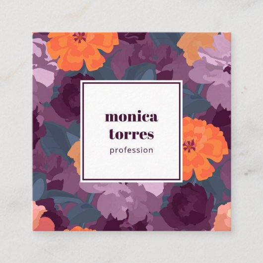 ブルゴーニュ春の花オレンジパープルソーシャルアイコン スクエア名刺 (正面)