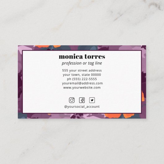 ブルゴーニュ春の花オレンジパープルソーシャルアイコン 名刺 (裏面)