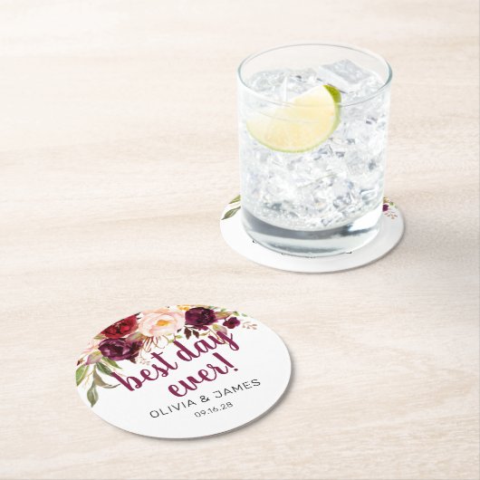 ブルゴーニュ最高のフローラデイエバー結婚式の引き出物 ラウンドペーパーコースター (インサイチュ)