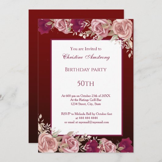 ブルゴーニュ梅の誕生日会エレガントモダン 招待状 (正面/裏面)