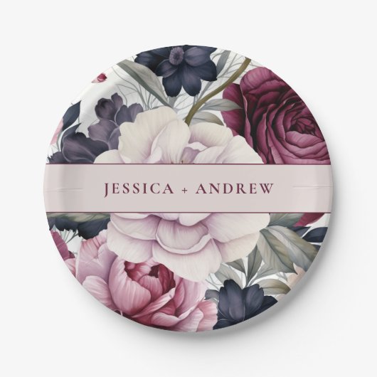 ブルゴーニュ梅紫フローラ水色結婚の ペーパープレート (正面)