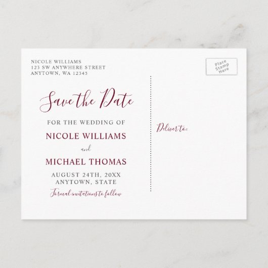 ブルゴーニュ水カラーフローラ結婚式の日付を保存 案内ポストカード (裏面)