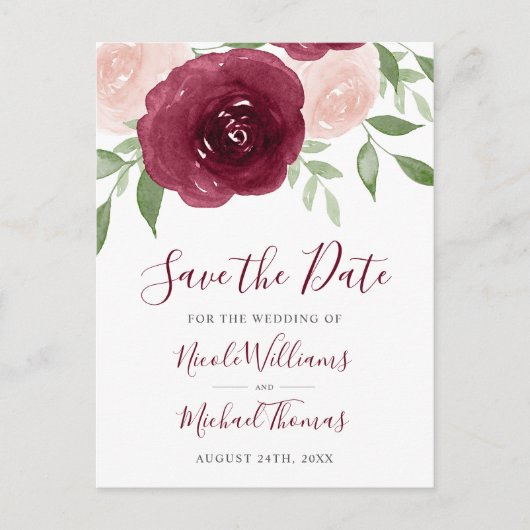 ブルゴーニュ水カラーフローラ結婚式の日付を保存 案内ポストカード (正面)