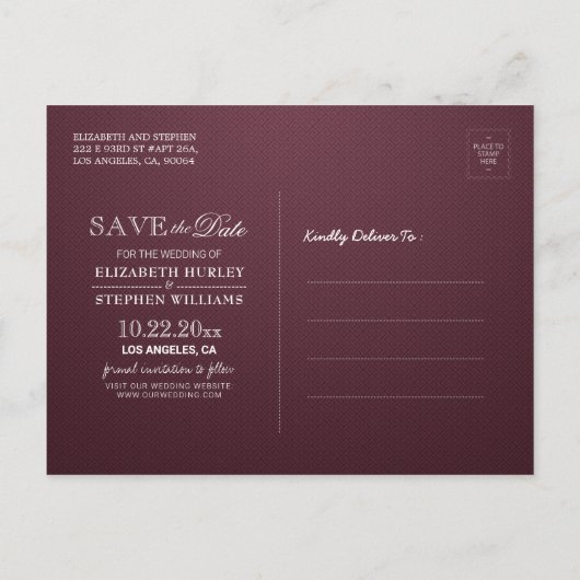 ブルゴーニュ水カラーフローラ結婚式の日付を保存 案内ポストカード (裏面)