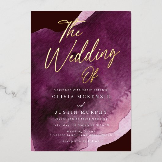 ブルゴーニュ水モダン色結婚の金ゴールド 箔招待状 (正面)