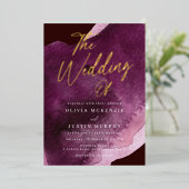 ブルゴーニュ水モダン色結婚の金ゴールド 箔招待状 (立ち正面)