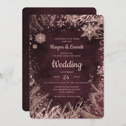 ブルゴーニュ水彩とバラ金ゴールド冬の結婚式 招待状 (正面/裏面)