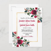 ブルゴーニュ水彩バラフローラ金ゴールド結婚フレーム インビテーションポストカード (正面/裏面)