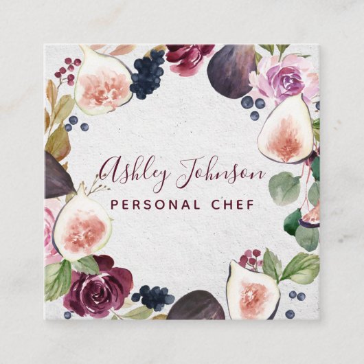 ブルゴーニュ水彩フィグ&フラワーリースタイポグラフィ スクエア名刺 (正面)