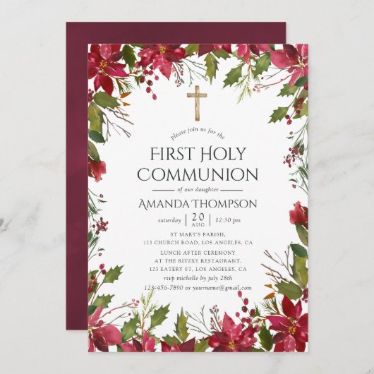 ブルゴーニュ水彩フローラファーストホーリーコミュニオン 招待状 (正面/裏面)