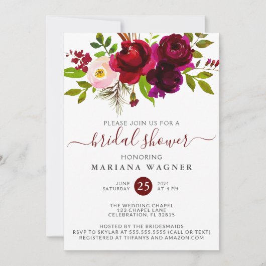 ブルゴーニュ水彩フローラブライダルシャワーの導入 招待状 (正面)