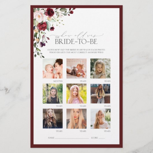 ブルゴーニュ水彩フローラブライダルシャワーゲーム (正面)