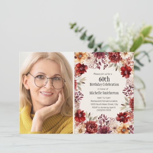 ブルゴーニュ水彩フローラ写真60誕生日 招待状 (スタンド正面)