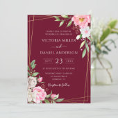 ブルゴーニュ水彩フローラ幾何学的金ゴールド 招待状 (スタンド正面)