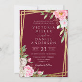 ブルゴーニュ水彩フローラ幾何学的金ゴールド 招待状 (正面)