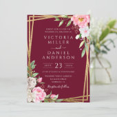 ブルゴーニュ水彩フローラ幾何学的金ゴールド 招待状 (スタンド正面)