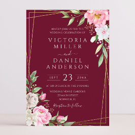 ブルゴーニュ水彩フローラ幾何学的金ゴールド 招待状