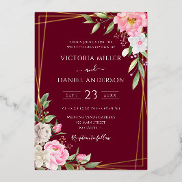 ブルゴーニュ水彩フローラ幾何学的金ゴールド 箔招待状