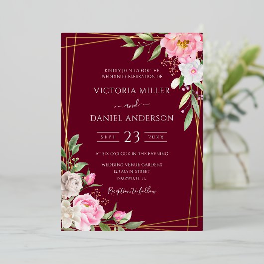 ブルゴーニュ水彩フローラ幾何学的金ゴールド 箔招待状 (立ち正面)