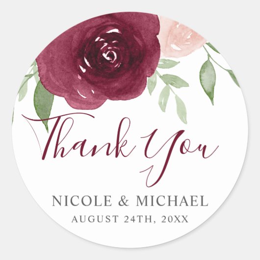 ブルゴーニュ水彩フローラ結婚式の引き出物ありがとう ラウンドシール (正面)