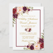 ブルゴーニュ水彩フローラ金ゴールド写真結婚の 招待状 (正面)