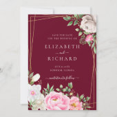 ブルゴーニュ水彩フローラ金ゴールド幾何結婚の セーブザデート (正面)