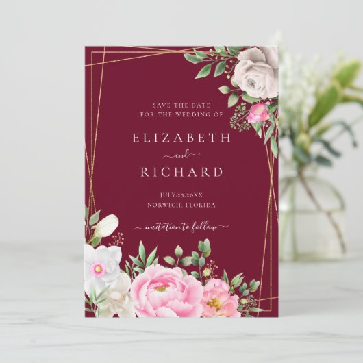 ブルゴーニュ水彩フローラ金ゴールド幾何結婚の セーブザデート (スタンド正面)