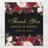 ブルゴーニュ水彩フローラ金ゴールド結婚ズブラック ワインラベル (シングルラベル)