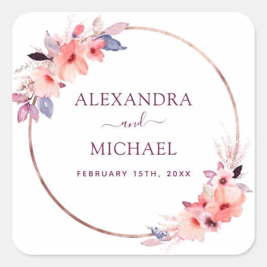ブルゴーニュ水彩幾何フローラ結婚シール スクエアシール (正面)