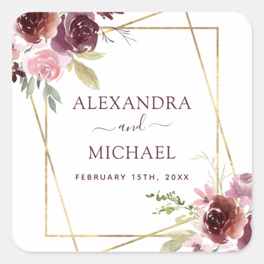 ブルゴーニュ水彩幾何学模様結婚フローラ スクエアシール (正面)
