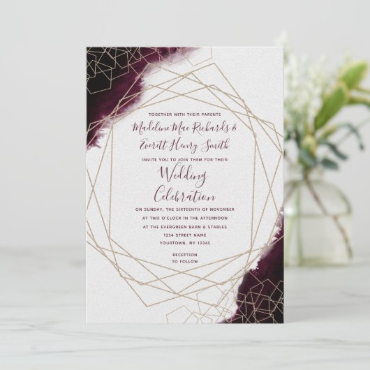 ブルゴーニュ水彩幾何学的結婚式招待状 招待状 (スタンド正面)