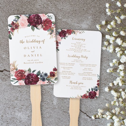 ブルゴーニュ水彩色フローラボーホウェディングプログラム ハンドファン